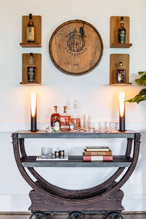 interior design home bar unique lighting alcohol tray side table whiskey glasses LK Design