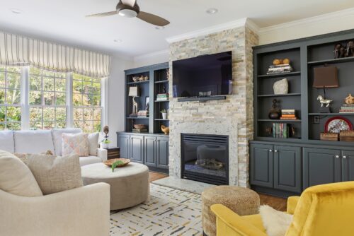 interior design living room fireplace and painted shelves