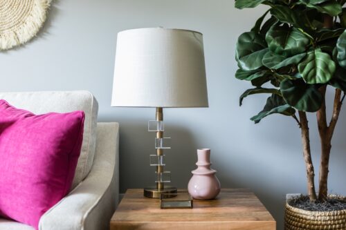 side table lamp pink vase fiddle leaf fig white sofa magenta pink pillow LK Design interior design