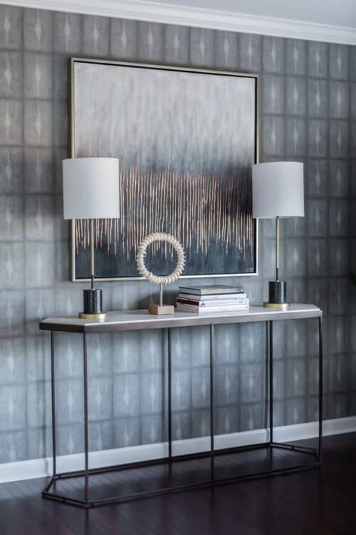 interior design gray wallpaper abstract gold copper art hardwood floors custom