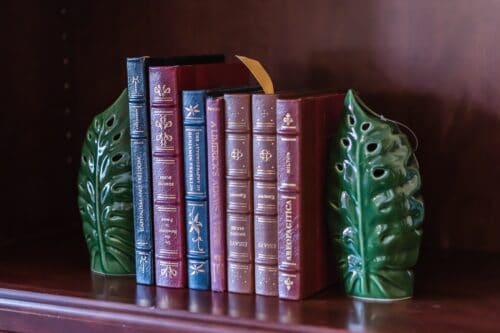 bookshelf red blue book spines green bookends