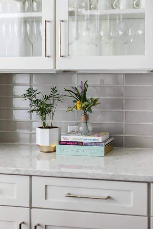 interior design monochromatic grey beige kitchen potted plant cut stems glass shelves lk design durham nc
