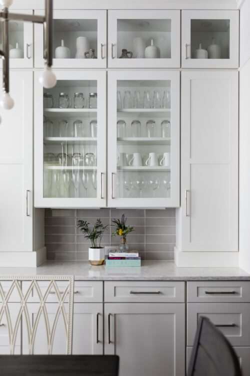 interior design monochromatic grey beige kitchen glass shelves metal chandelier lk design durham nc