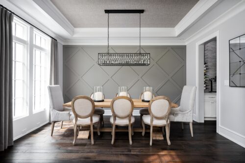 interior design dining room architectural grey wall dining table chairs chandelier