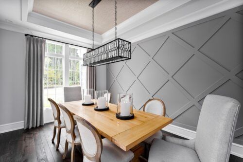 interior design dining room architectural grey wall dining table chairs chandelier