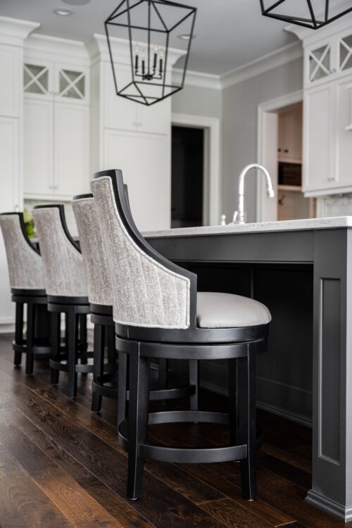 interior design kitchen white counter black wood bar stools