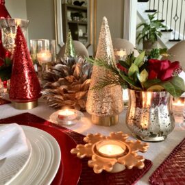 LK Design Christmas dining room table red white gold decor snowflake candle