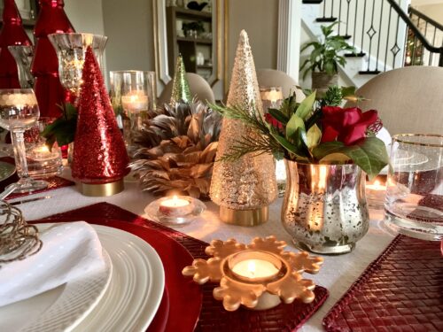 LK Design Christmas dining room table red white gold decor snowflake candle