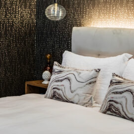 LK Design of Durham master bedroom interior design bedside table headboard