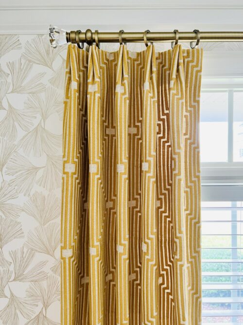 LK Design Dining Room yellow draperies curtains gold ginkgo wallpaper