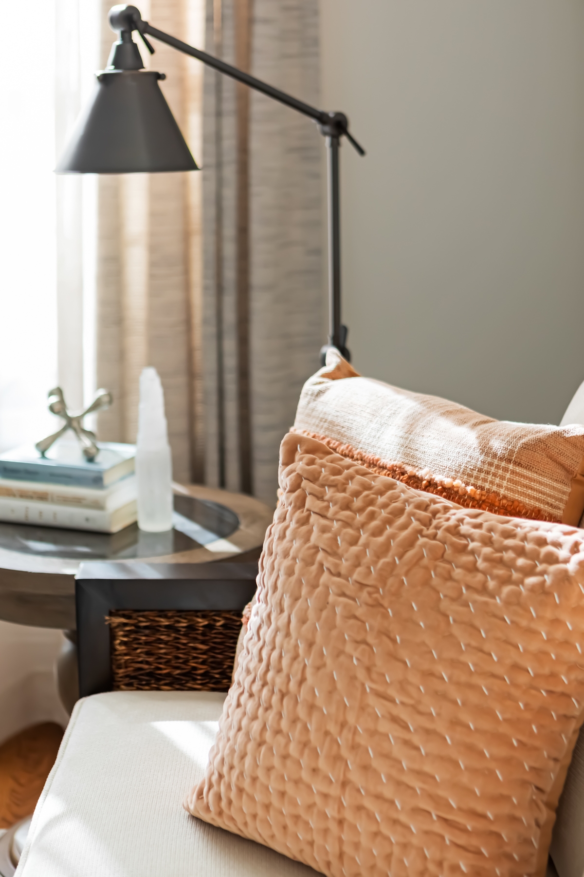 LK Design Home library beige armchair black lamp pillows custom window treatments curtains