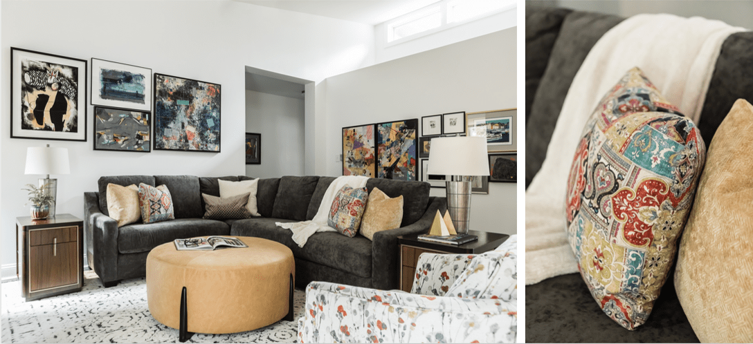 Living room design light color walls dark upholstery of the sectional yellow leather ottoman unique art on walls