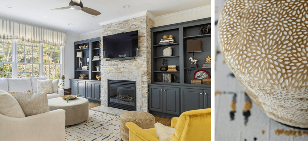 This room has a relaxed and casual feel. The neutral sectional is very comfortable. The bold yellow chair echoes the colors in the rug. A small scale floral pattern on the ottoman adds some elegance to the overall design of this modern room. 
