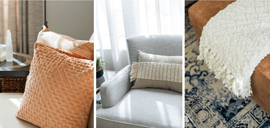 LK Design Home Library textures pilllows blanket rug