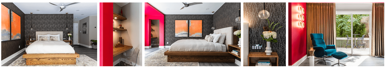 LK Design Hotel Inspired Bedroom collage red accent wall platform bed dark wallpaper abstract art