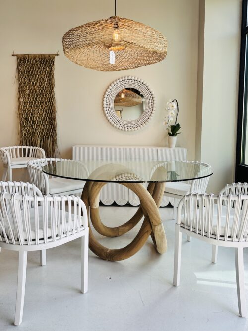 outdoor furniture glass tabletop and white wood chairs wicker lampshade