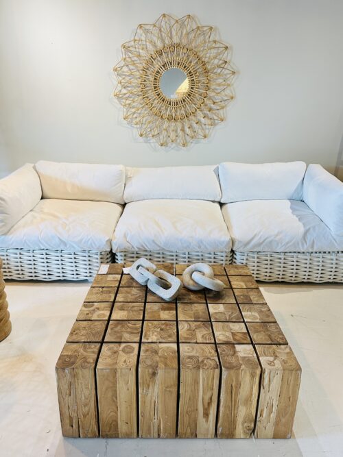 outdoor furniture white sofa and chunky wood coffee table